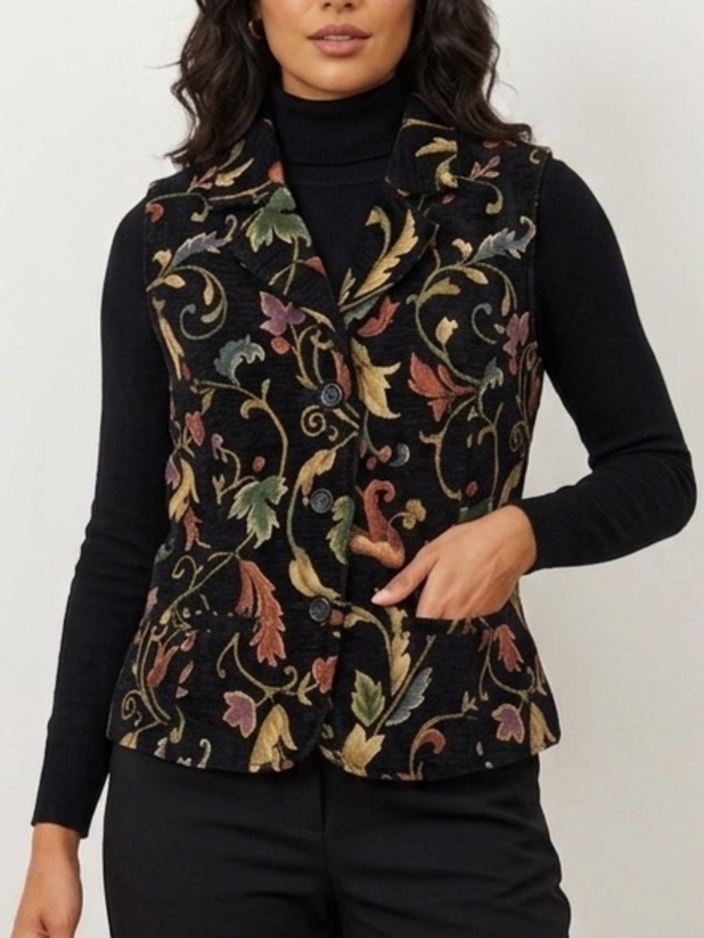 ELCC Vintage Tapestry Vest Size Small Velvet Floral Brocade Black Multicolor